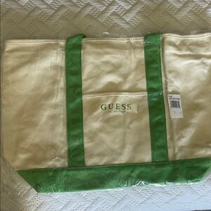 GUESS Cream Tote with Green Trim and Handles